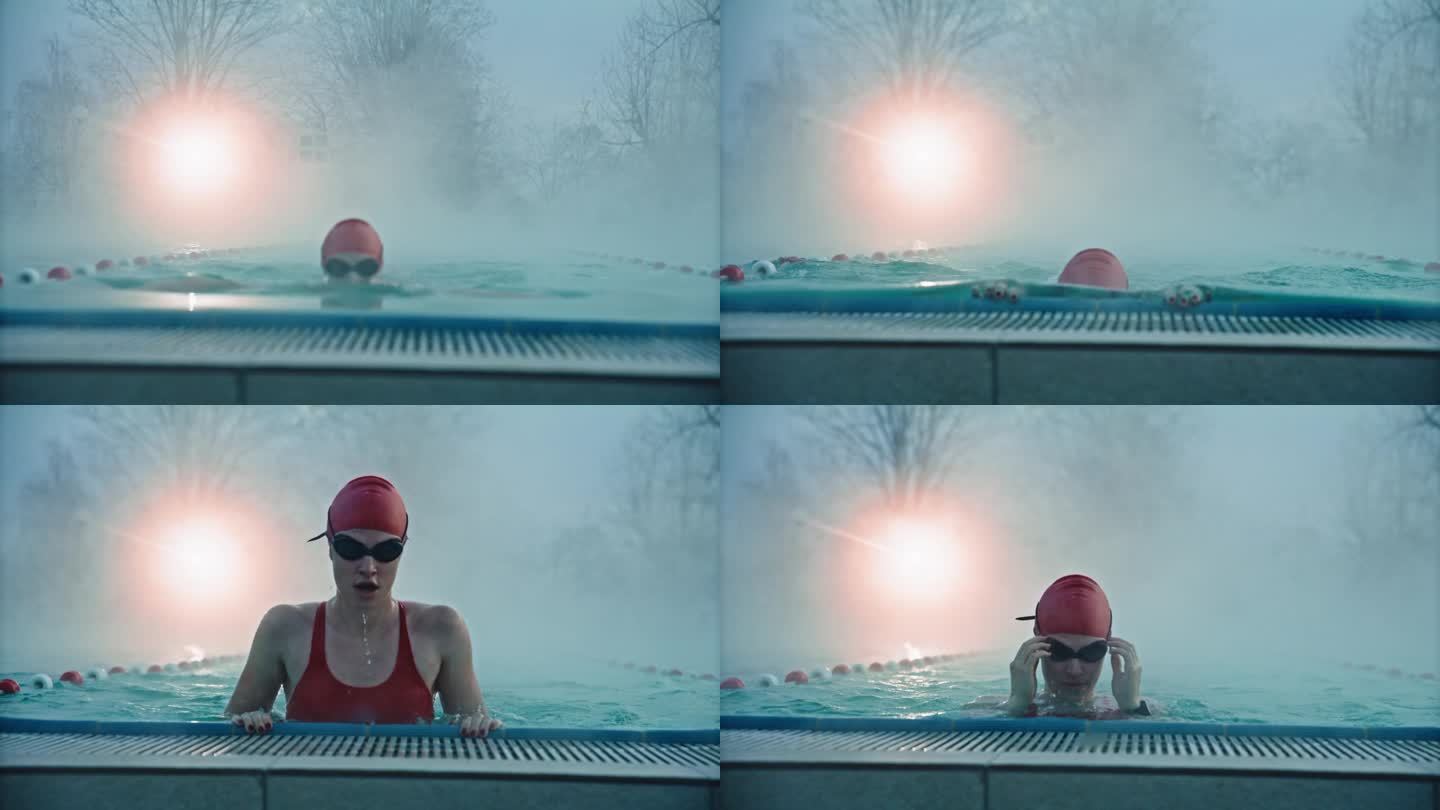 在雾蒙蒙的早晨，美丽的年轻女子在度假村游泳池游泳的锁定镜头