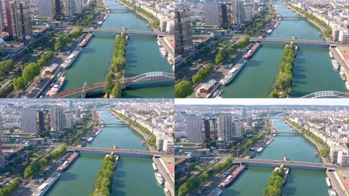 2023年5月30日，法国巴黎:塞纳河沿岸的巴黎市中心全景鸟瞰图。在城市中心的河流和建筑物无人机视图