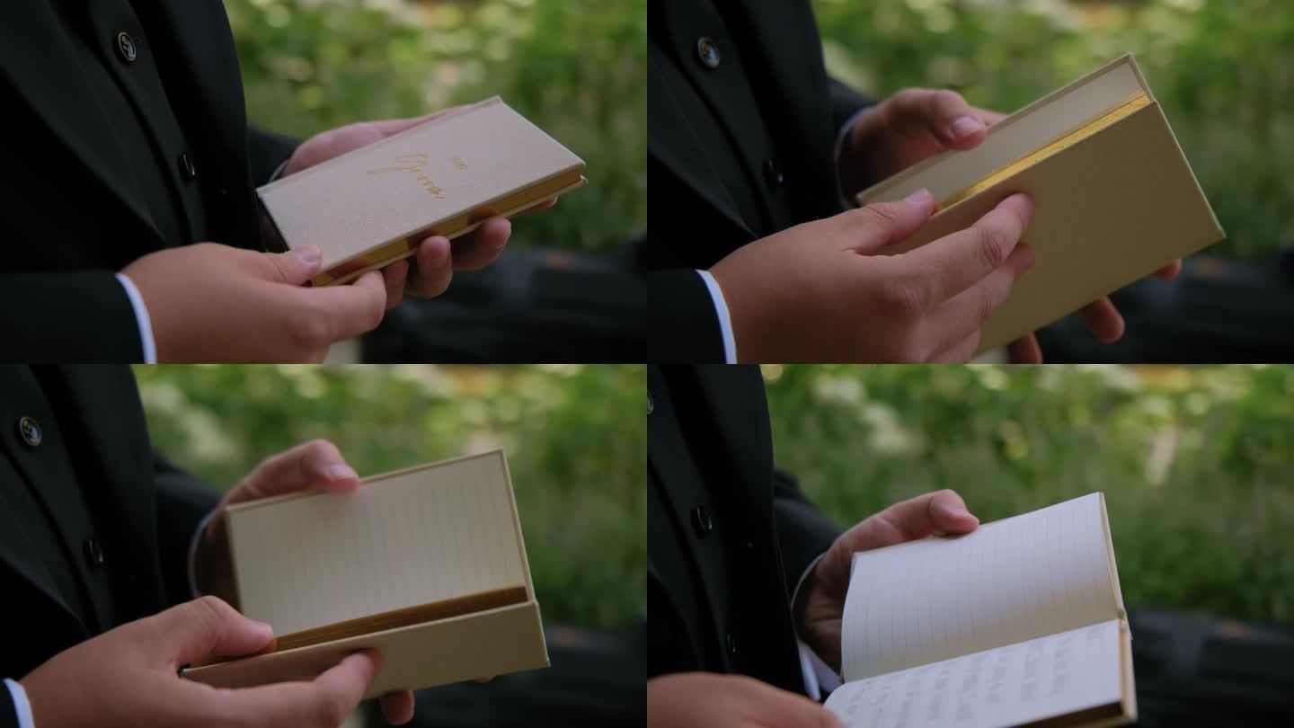 不知名的新郎在婚礼上打开誓言书，宣读他对新娘的誓言。特写镜头男性手拿书