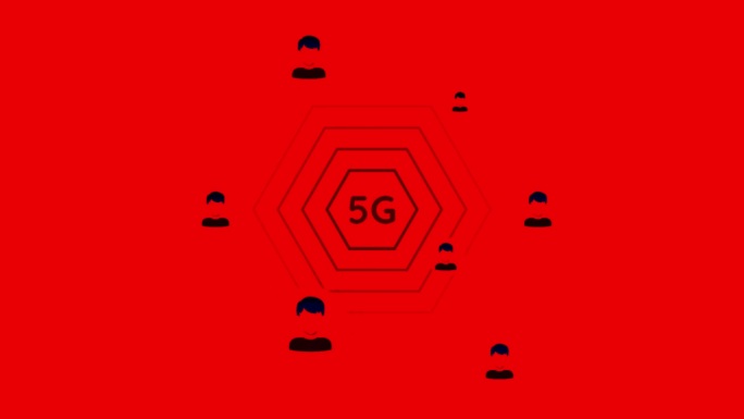 宽带蜂窝网络第五代技术标准。运动。5G传播信号和红色背景上的人物图标