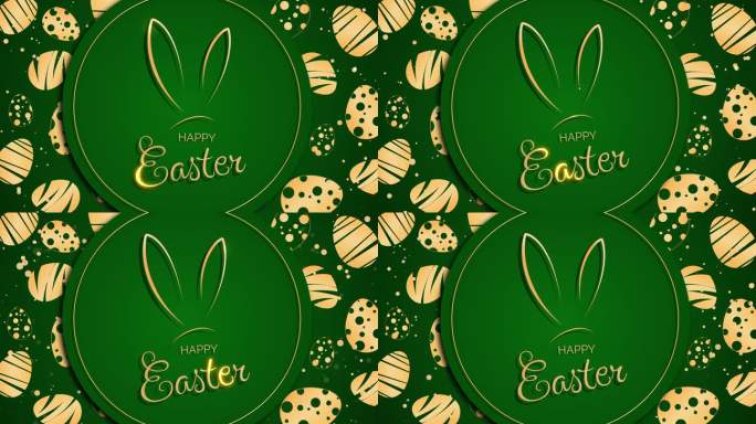 复活节兔子耳朵与金色文本在绿色背景圈。有图案的复活节彩蛋。春假屏保。毛圈的视频。复活节快乐。