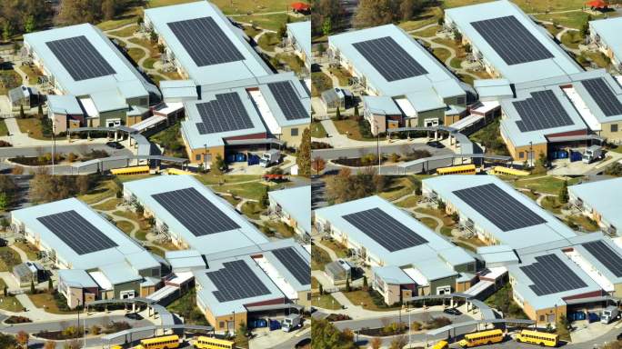 美国一所学校的鸟瞰图，屋顶覆盖着用于生产电能的光伏太阳能板
