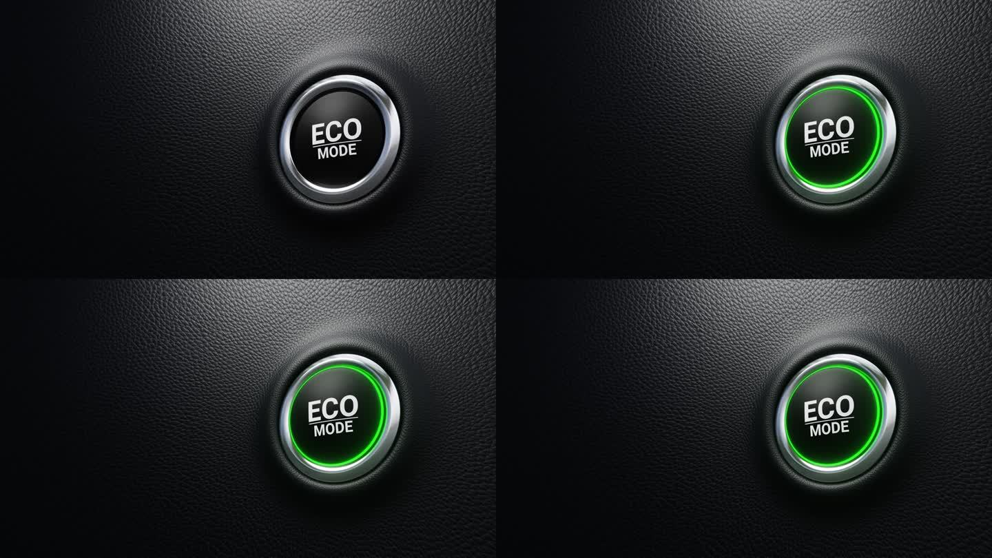 ECO模式按钮。现代ECO按钮与绿色的光。汽车节能系统概念。4k 3d循环动画