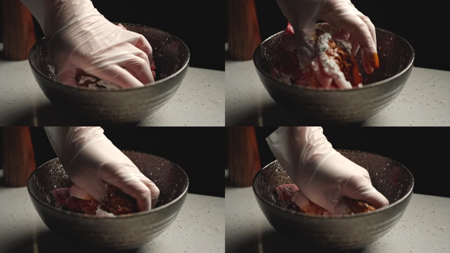 腌制碗中的肉抓拌均匀
