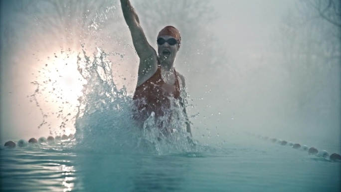 在雾蒙蒙的早晨，度假胜地，兴奋的女游泳运动员从游泳池里出来，举起手臂尖叫