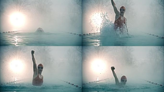在雾蒙蒙的早晨，度假胜地，兴奋的女游泳运动员从游泳池里出来，举起手臂尖叫