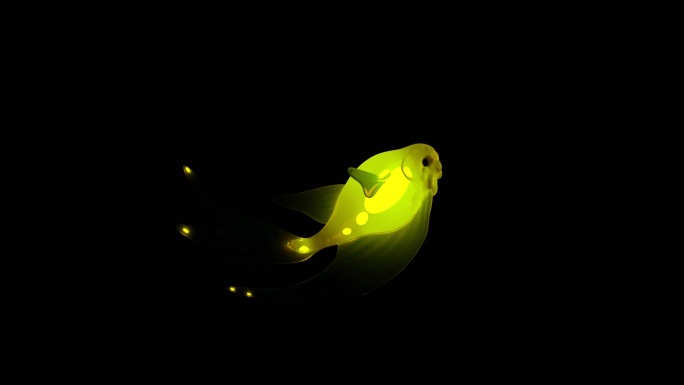 黑色背景与照明黄色和橙色霓虹灯的颜色。设计。明亮的动画，透明的霓虹灯鱼在不同的方向移动非常顺利。高品
