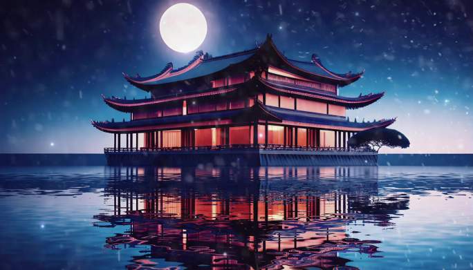中式建筑背景湖水休息亭子