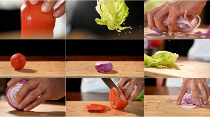 西红柿洋葱生菜高速拍摄 切洋葱 切蔬菜