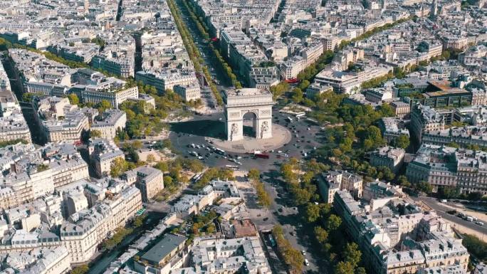 法国巴黎- 2023年5月30日:巴黎市中心凯旋门交通鸟瞰图。著名的旅游地标，世界遗产建筑杰作。