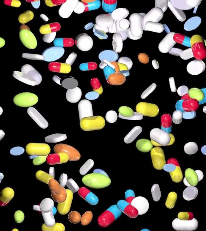 药物胶囊和药片从上面掉到地上的3d动画。