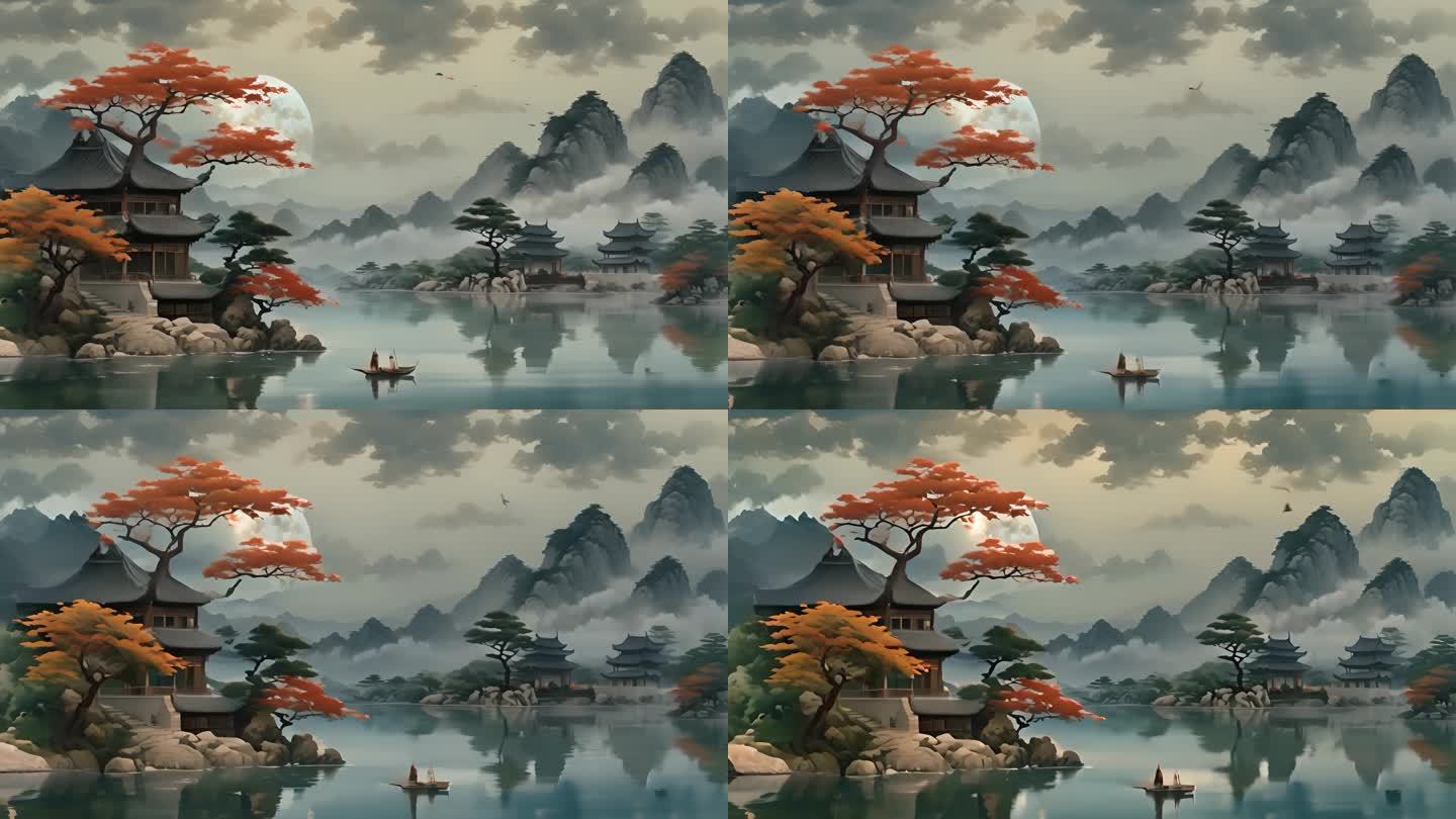 4K中国风水墨山水仙境背景素材