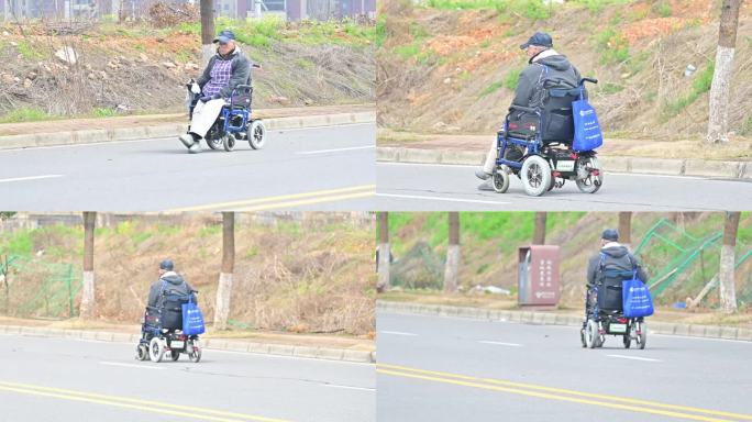 轮椅老爷爷，行走在路上，孤独凄凉背影