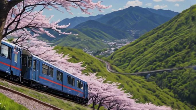 火车驶过樱花丛林