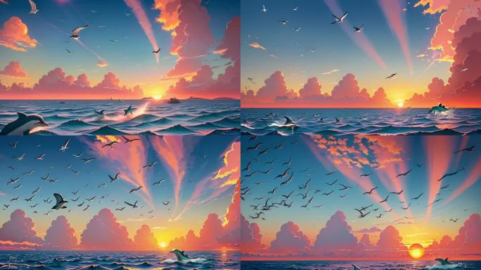 AI演绎夕阳下的海鸥好大海