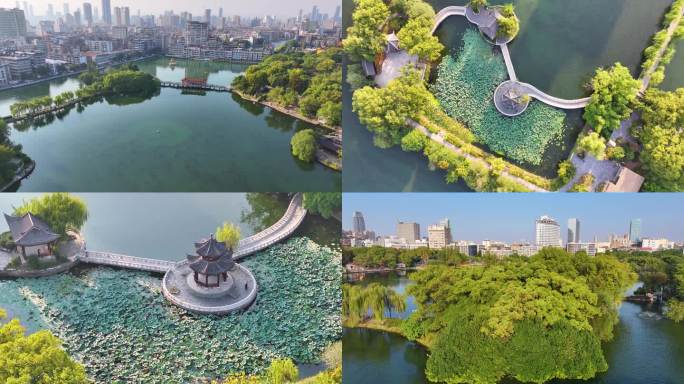 江西南昌八一公园航拍百花洲城市地标风景风