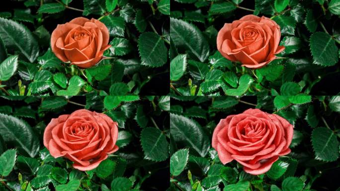 多色玫瑰开放花在时间推移上的叶子和黑色背景。蓓蕾开放，绽放成一朵大花。玫瑰从红色到橙色的时间间隔