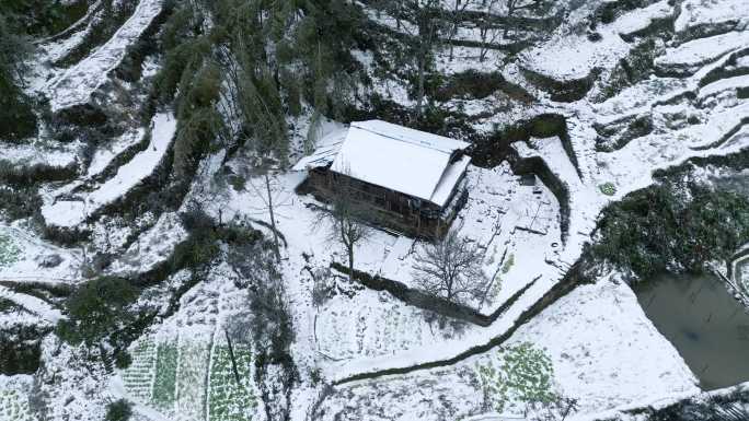 山村雪景航拍，白雪覆盖田野大地一片白茫茫