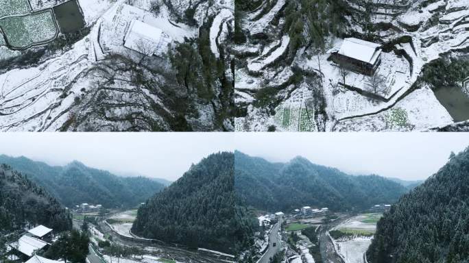 山村雪景航拍，白雪覆盖田野大地一片白茫茫