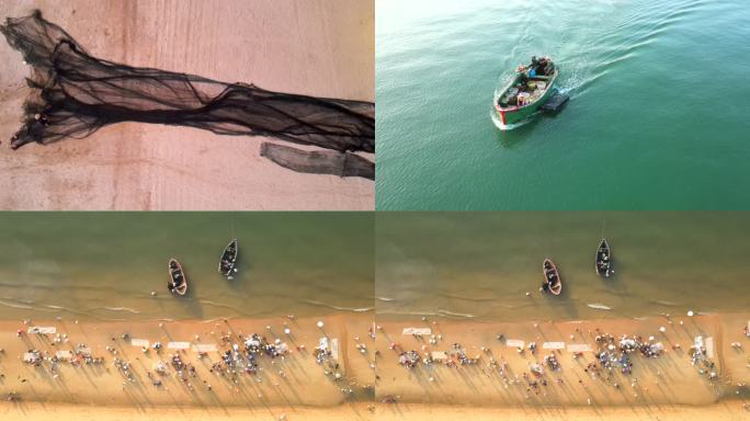 海边晒渔网渔船