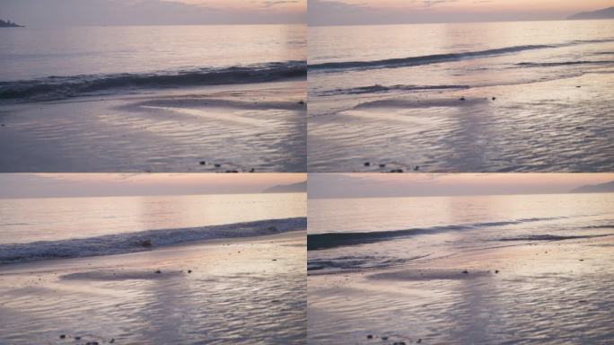 【4K】黄昏日落海浪拍打到沙滩上特写