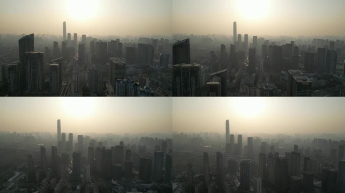 城市雾霾空镜头航拍