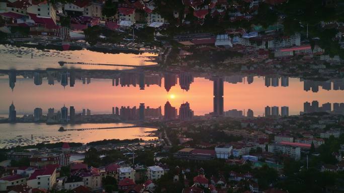 青岛信号山夕阳日落黄昏海边大海城市折叠