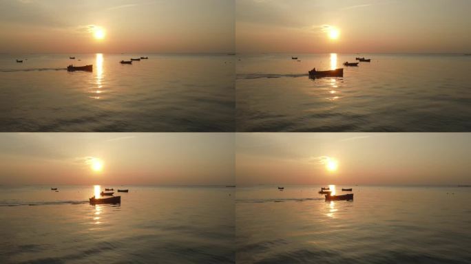 海上渔船日出夕阳光影