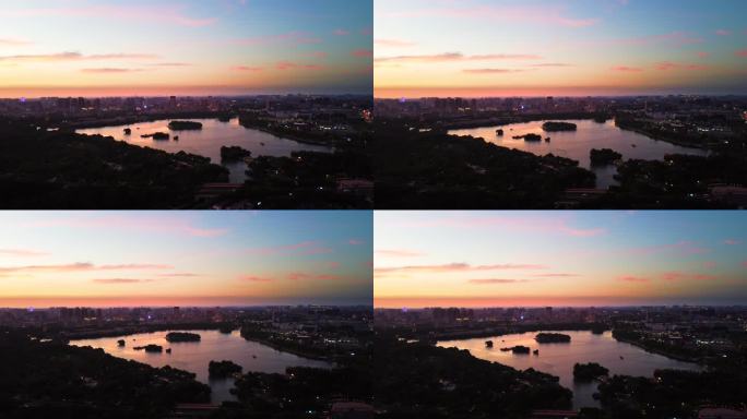 4k航拍夕阳下的嘉兴南湖风景区