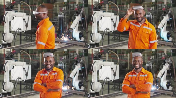 工业工程师摘下VR头戴式耳机对着相机微笑的肖像。