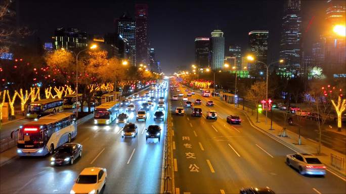 北京国贸CBD城市夜景车流晚高峰堵车