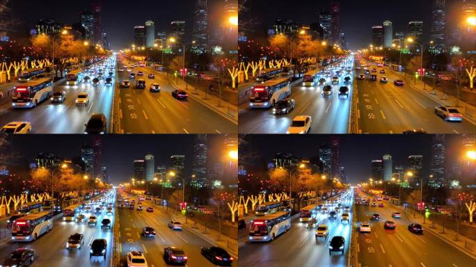 北京国贸CBD城市夜景车流晚高峰堵车