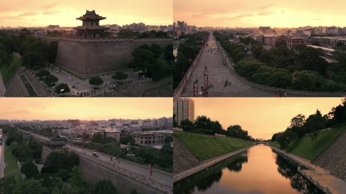 航拍唯美夕阳下的西安城墙
