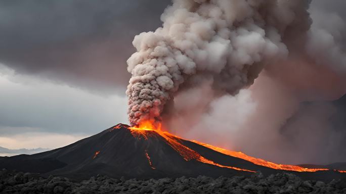 火山喷发岩浆流动滚滚烟尘