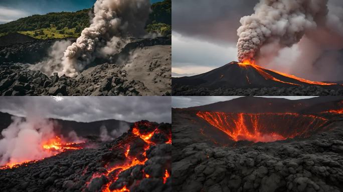 火山喷发岩浆流动滚滚烟尘