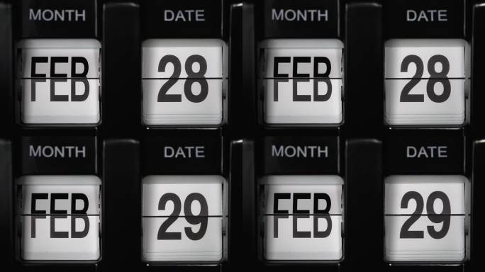 将日期从2月28日更改为2月29日的复古翻转日历。闰年。