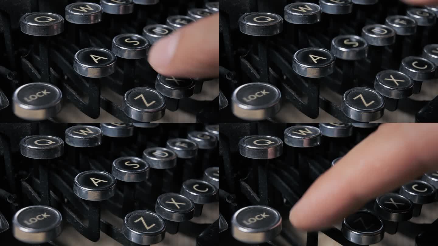 操作一台20世纪20年代的老式打字机，按下键盘命令罢工者并制作一份文件。选定字母的角度特写细节镜头。