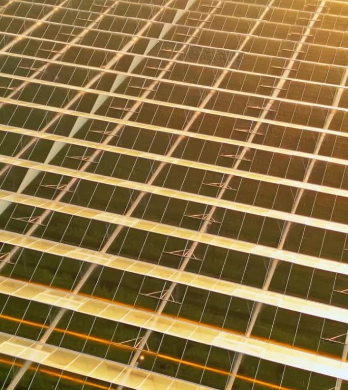 日落时无人机拍摄的农田玻璃温室反射的阳光