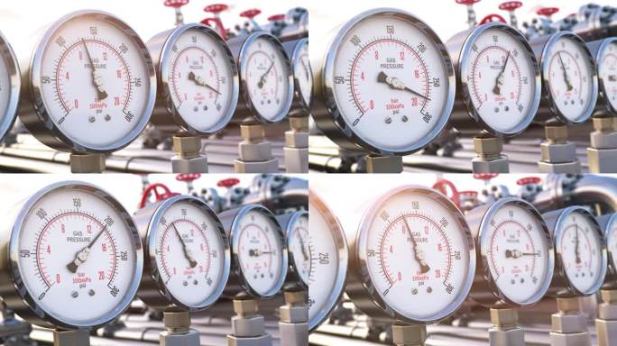 燃气管道上的一排气体压力计仪表。天然气开采、生产、输送、供应理念。