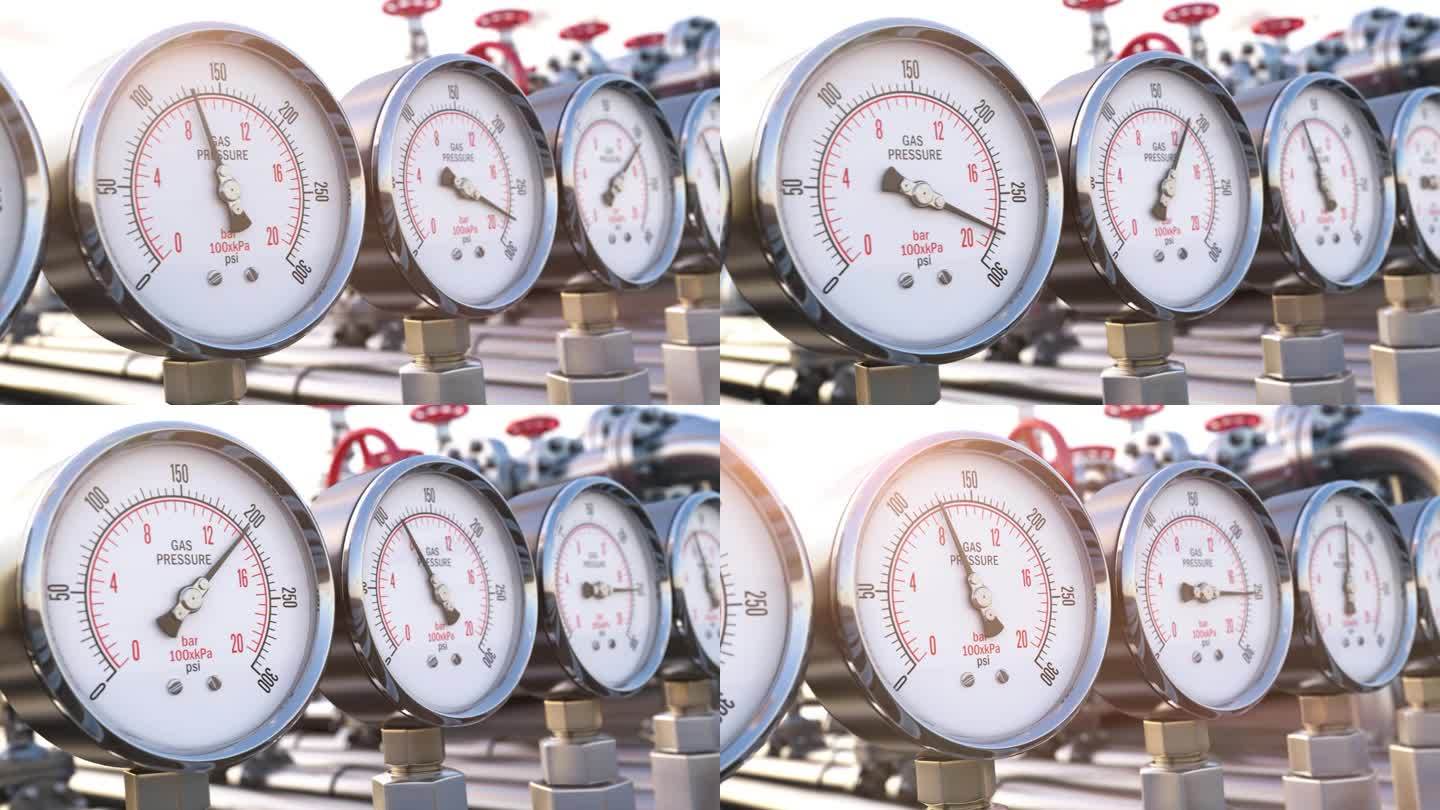 燃气管道上的一排气体压力计仪表。天然气开采、生产、输送、供应理念。