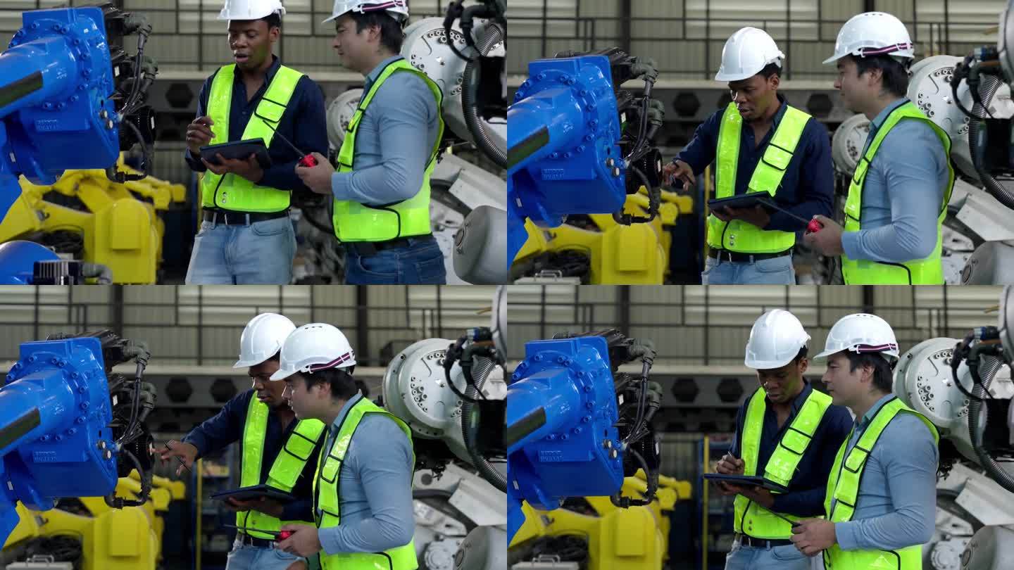 非裔美国工程师、白人技术员在焊接工厂用平板电脑检查机器人机械臂