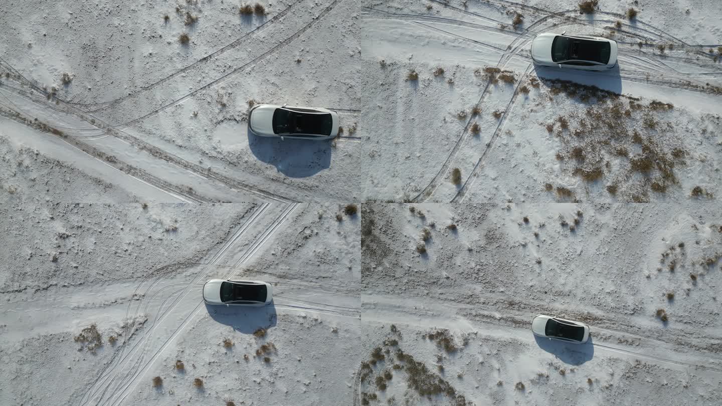 雪地行驶的车 航拍 俯拍 4K 旅途