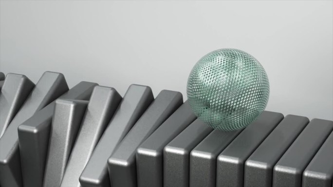 未来的3D动画纹理蓝绿色球体滚动在灰色的机械齿轮，圆滑和动态。令人满意的视频