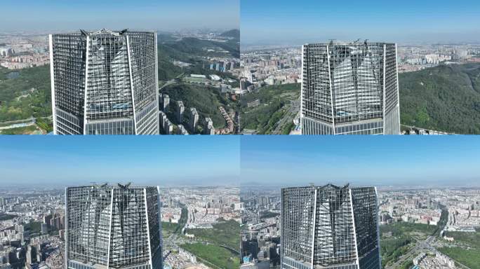 东莞民盈国贸中心航拍写字楼近景钢结构特写