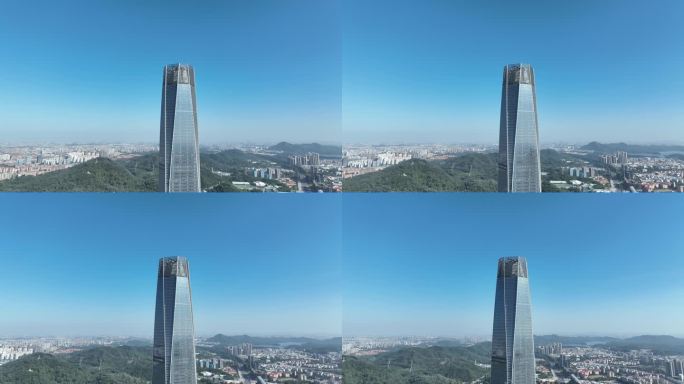东莞民盈国贸中心航拍写字楼近景钢结构特写