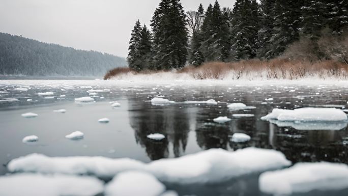 湖面结冰寒冷冬季