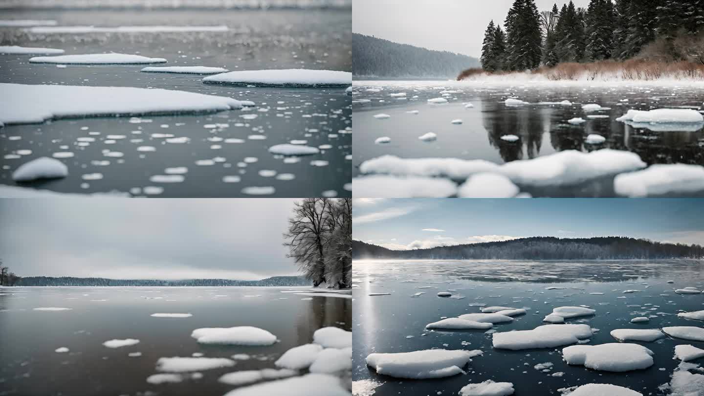 湖面结冰寒冷冬季