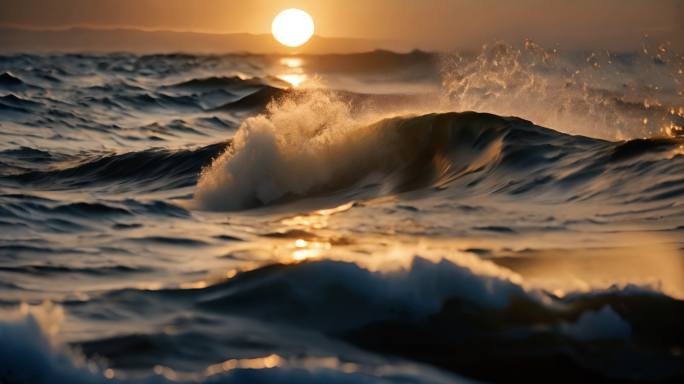 日落的海浪巨浪唯美的海滩沙滩