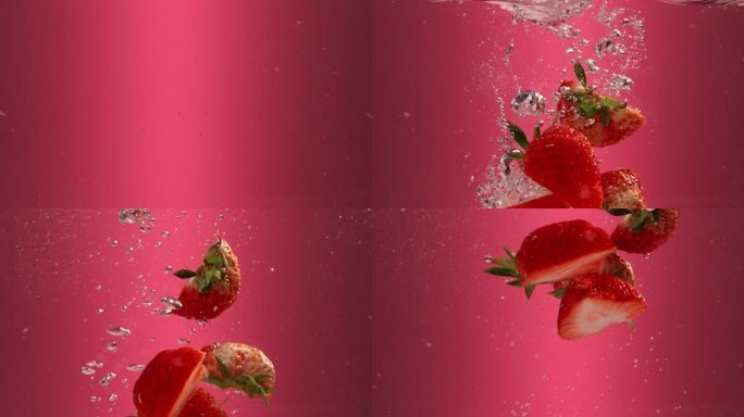 水果 气泡 草莓入水慢动作高清实拍