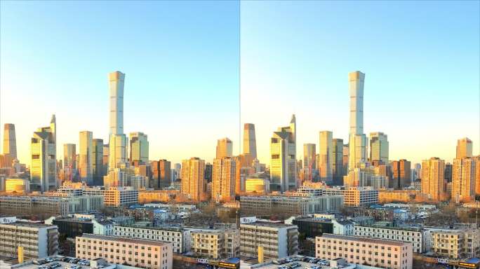 北京冬季国贸城市天际线傍晚夕阳夜景
